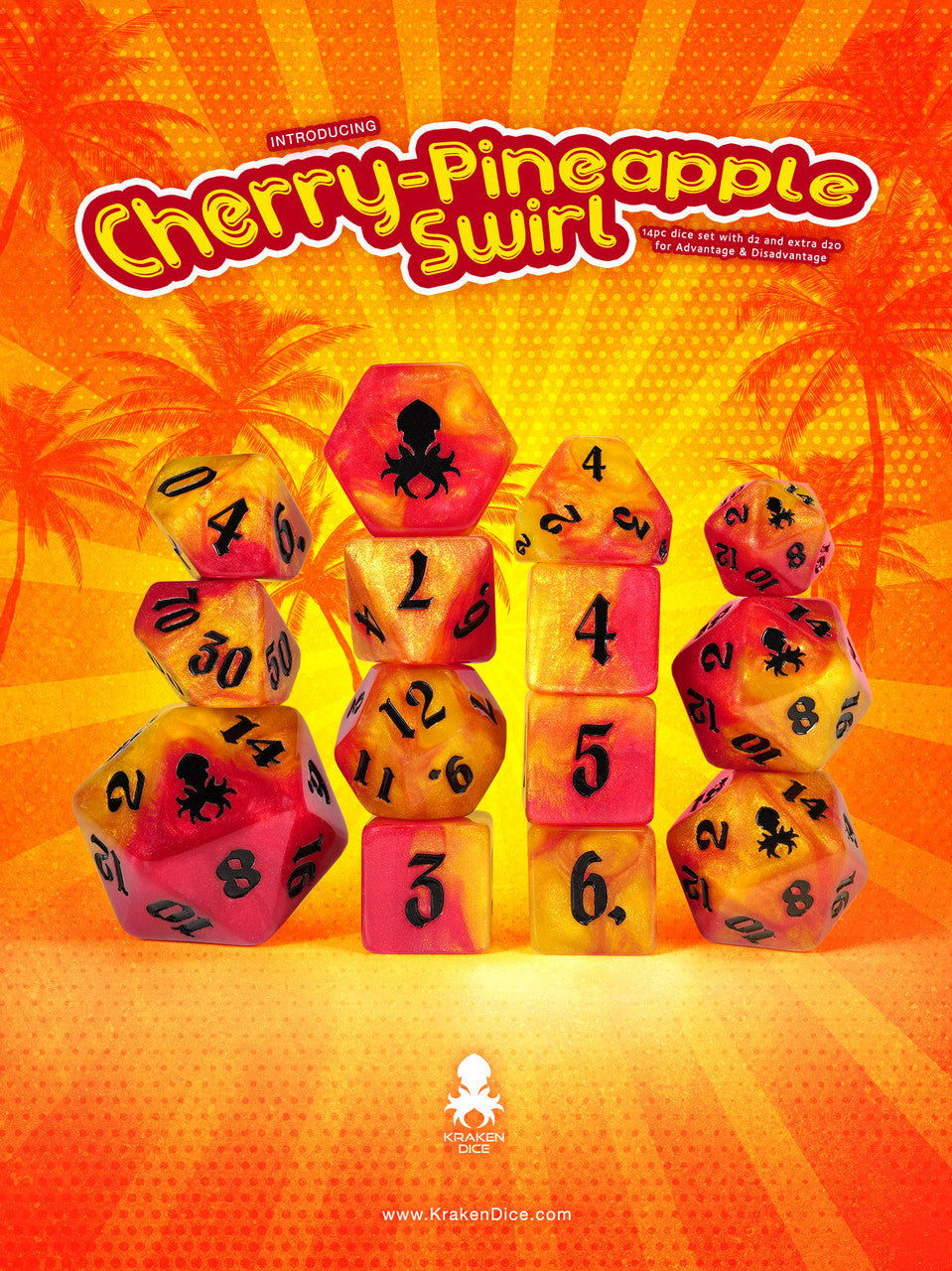 Cherry Pineapple Swirl 14pc Dice Set inked in Black